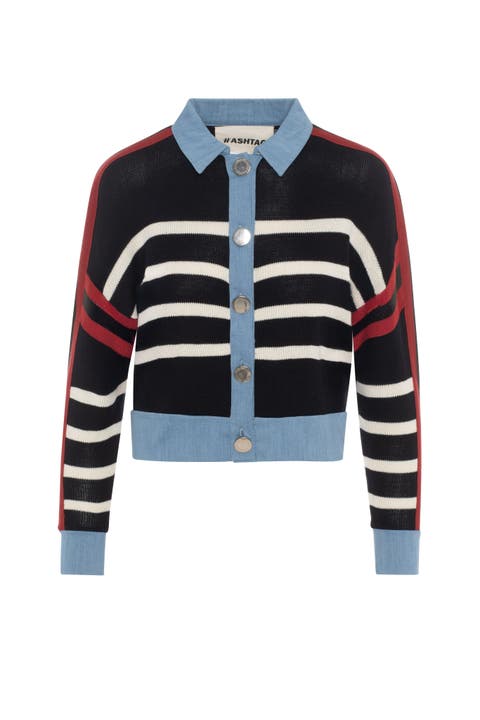 Striped Denim Combo Button Front Knit Cardigan