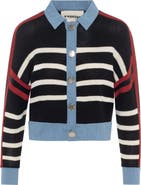 Hashtag Striped Denim Combo Button Front Knit Cardigan