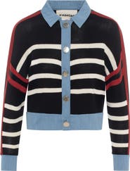 Hashtag Striped Denim Combo Button Front Knit Cardigan