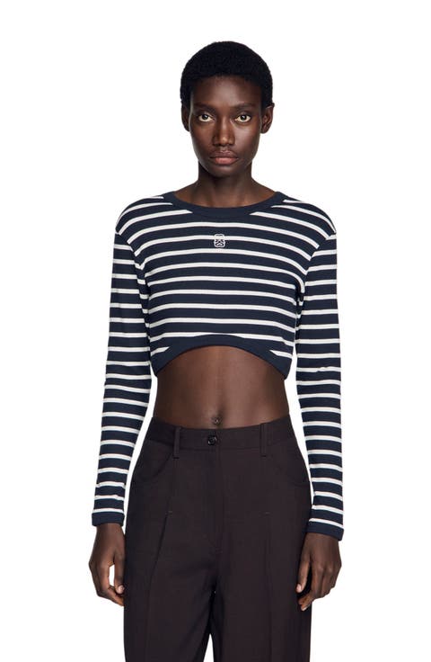 Cropped striped cotton T-shirt