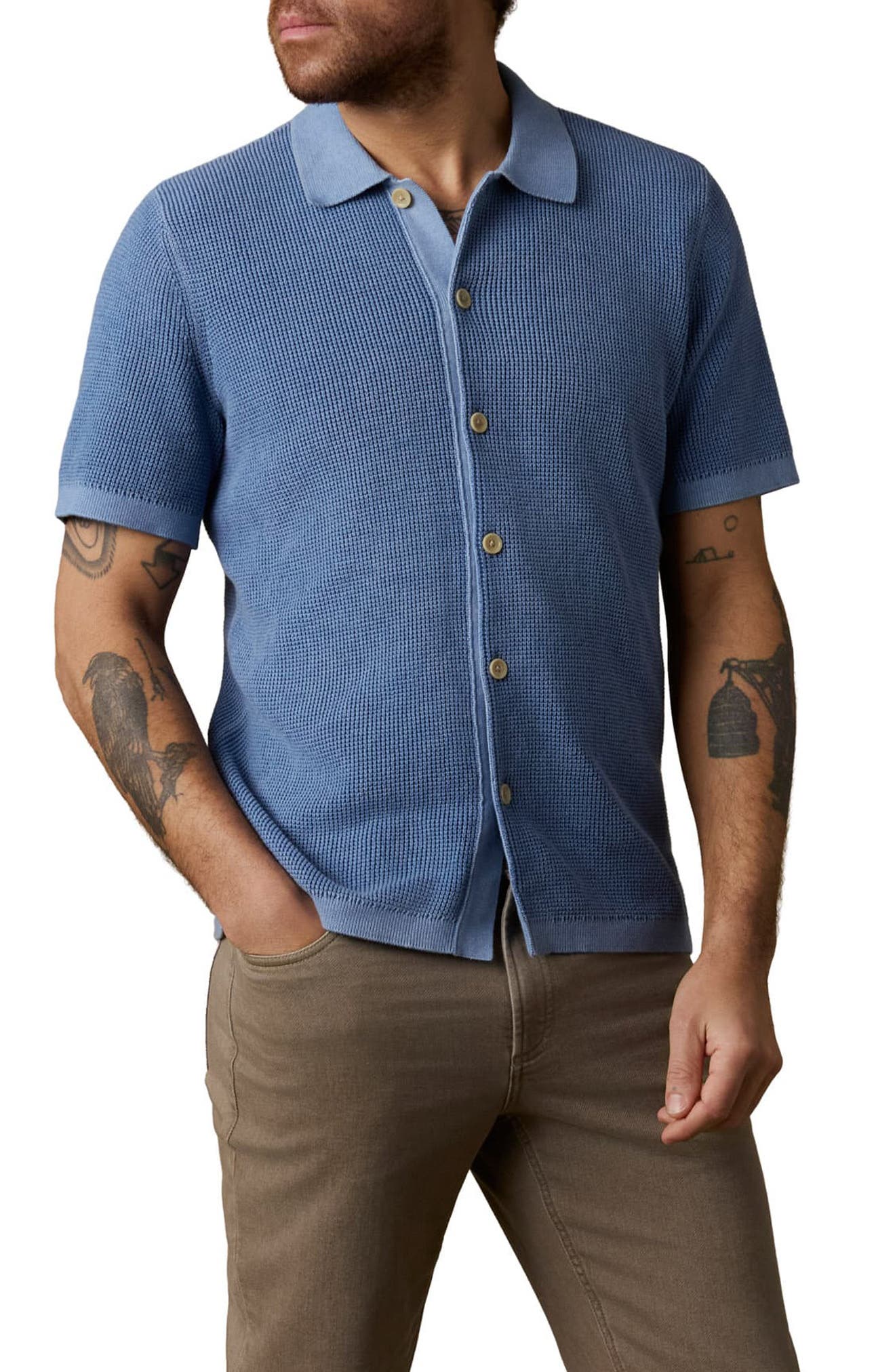 Faherty Sunwashed Waffle Stitch Short Sleeve Organic Cotton Button-Up Sweater Shirt — фото 3
