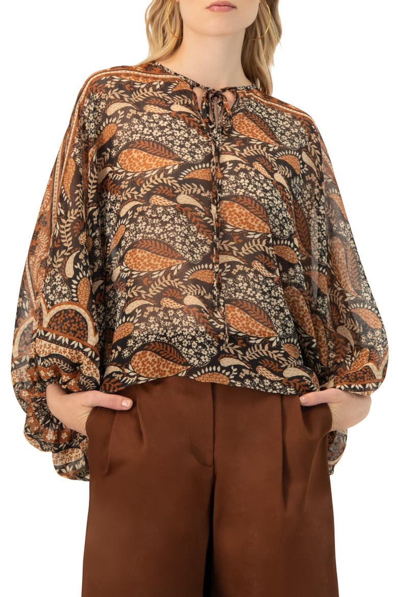 Dolman Paisley Blouse with Neck Ties, Main, color, Brown