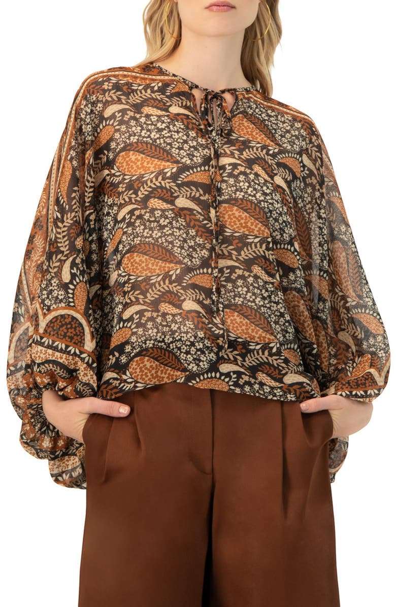 IVONNE Dolman Paisley Blouse with Neck Ties, Main, color, Brown
