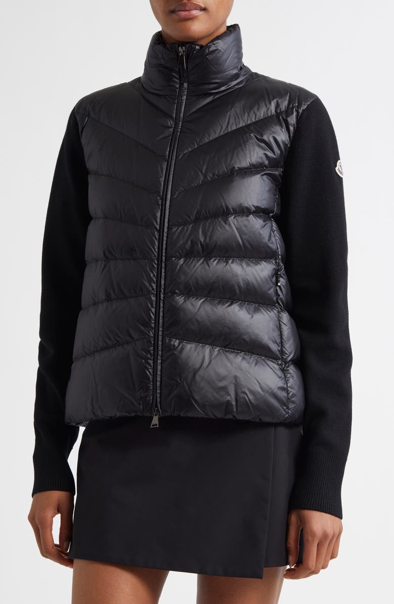 Moncler Quilted Down & Wool Knit Cardigan, Main, color, Black/Black