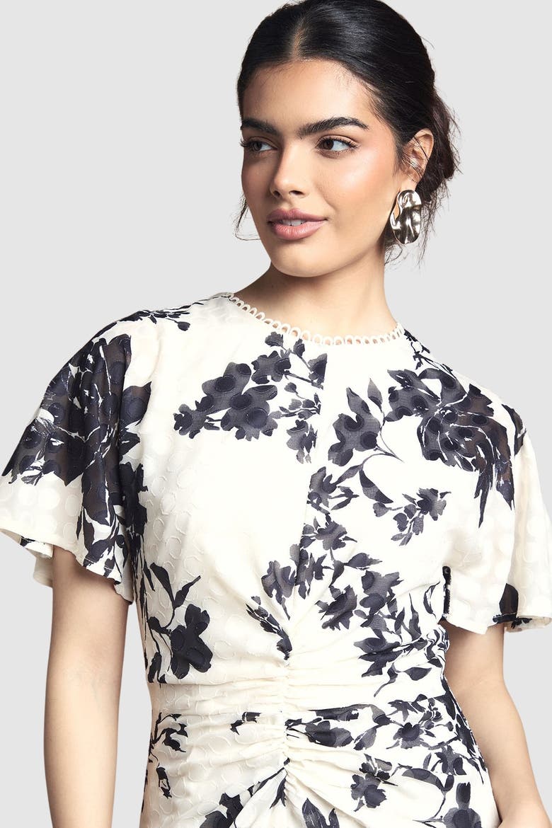 Floral Jacquard Cape Sleeve Midi Dress, Alternate, color, Ivory