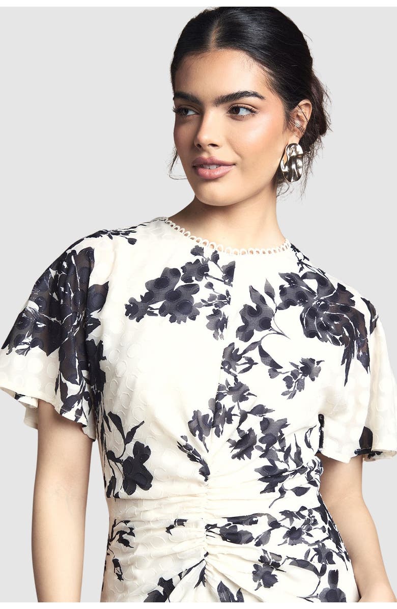 Wallis Floral Jacquard Cape Sleeve Midi Dress, Alternate, color, Ivory