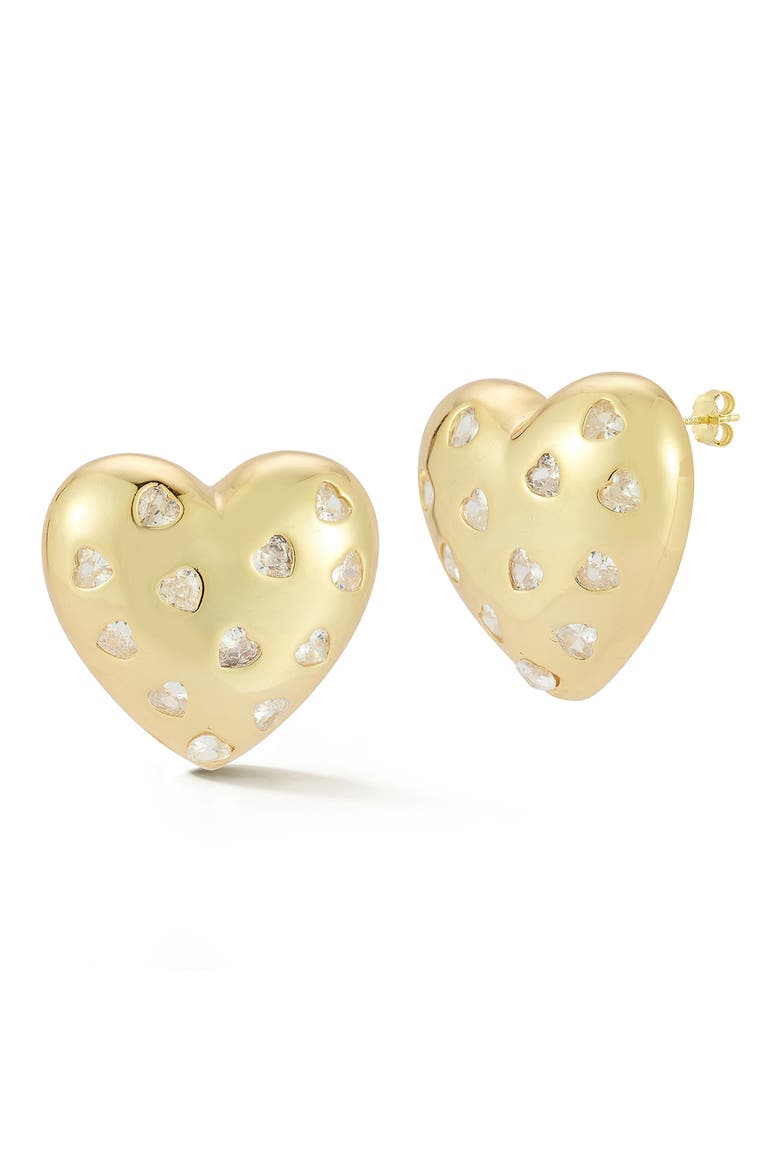 Cubic Zirconia Heart Stud Earrings, Main, color, GOLD