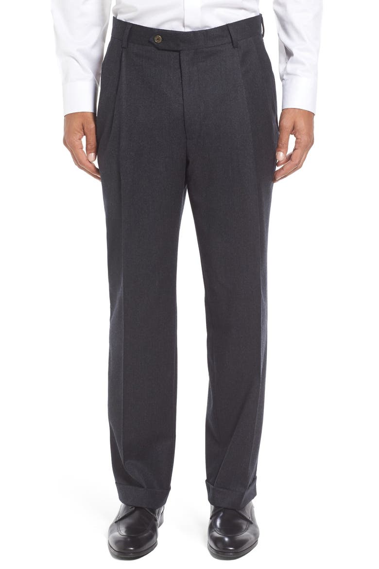 Lightweight Flannel Pleated Classic Fit Dress Trousers, Main, color, CHARCOAL