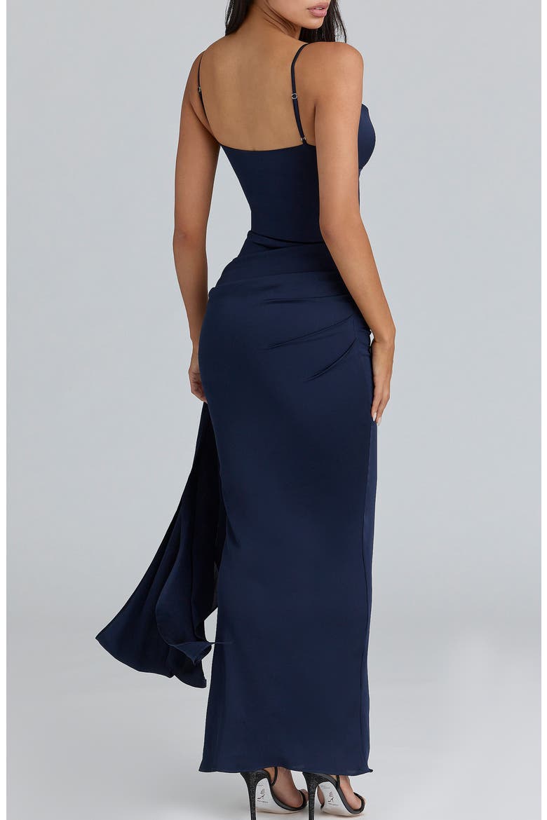 Freya Gathered Satin Spaghetti Strap Gown with Scarf, Alternate, color, NAVY