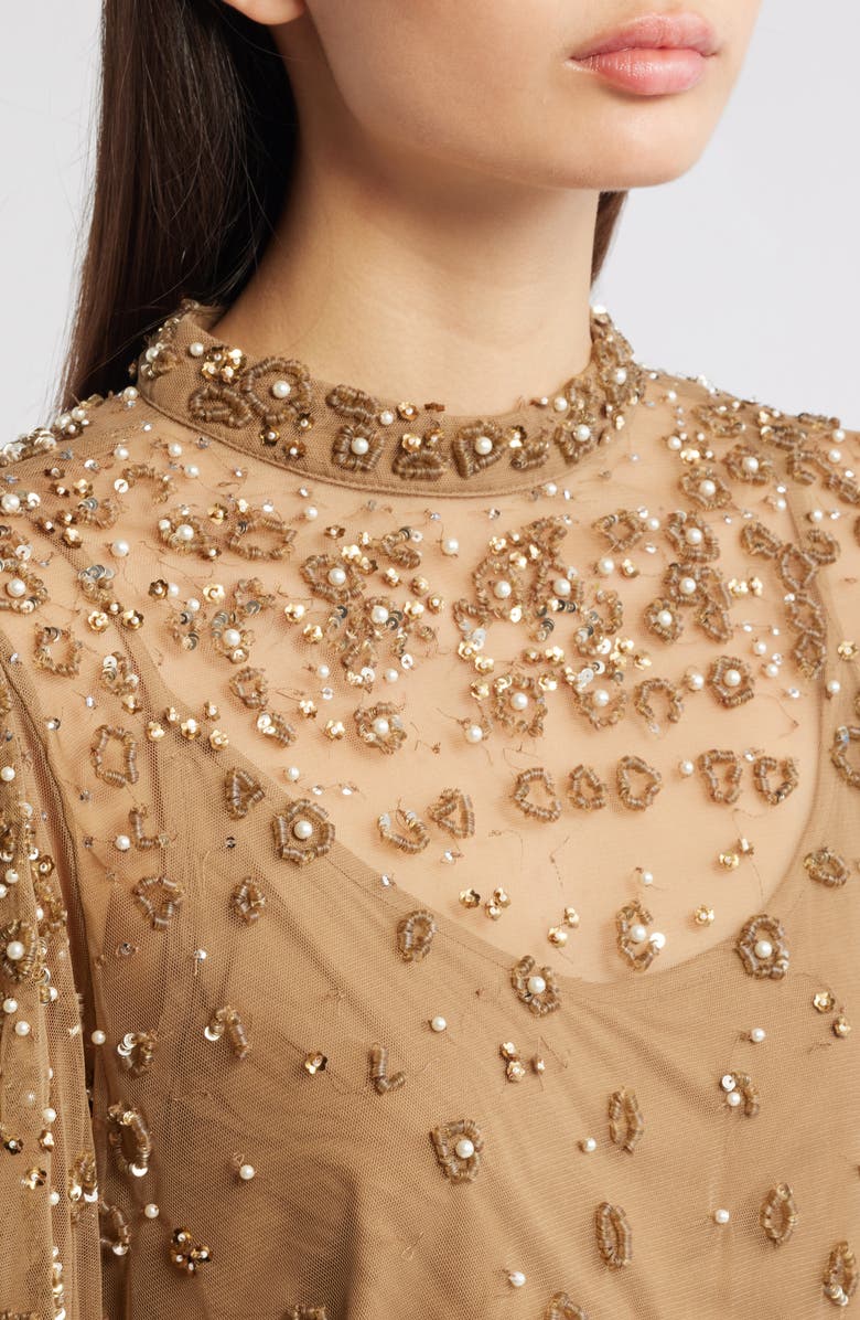 FARM Rio Embroidered Tulle Lined Blouse, Alternate, color, Caramel