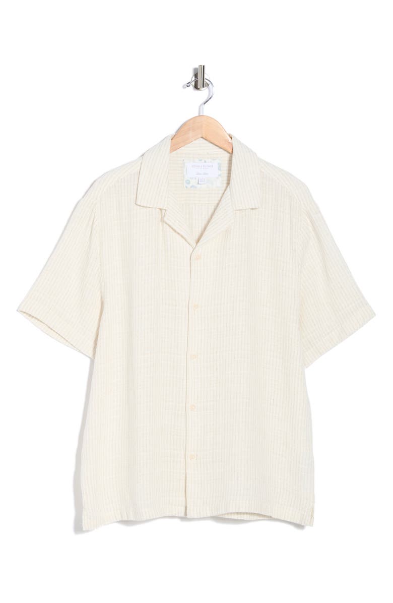 DENIM AND FLOWER Stripe Linen Blend Camp Shirt, Main, color, Cream