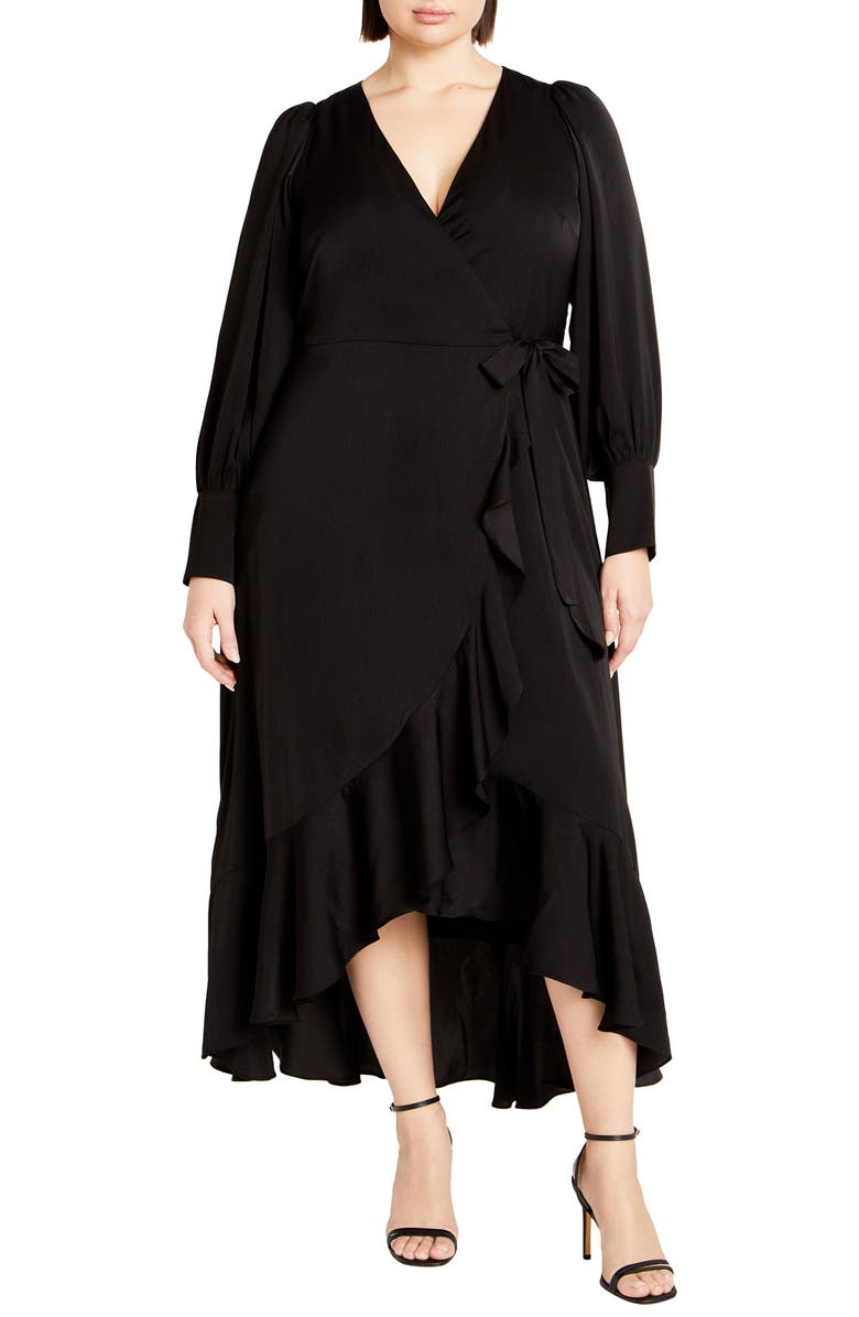 City Chic Oki Long Sleeve Wrap Dress, Main, color, Black