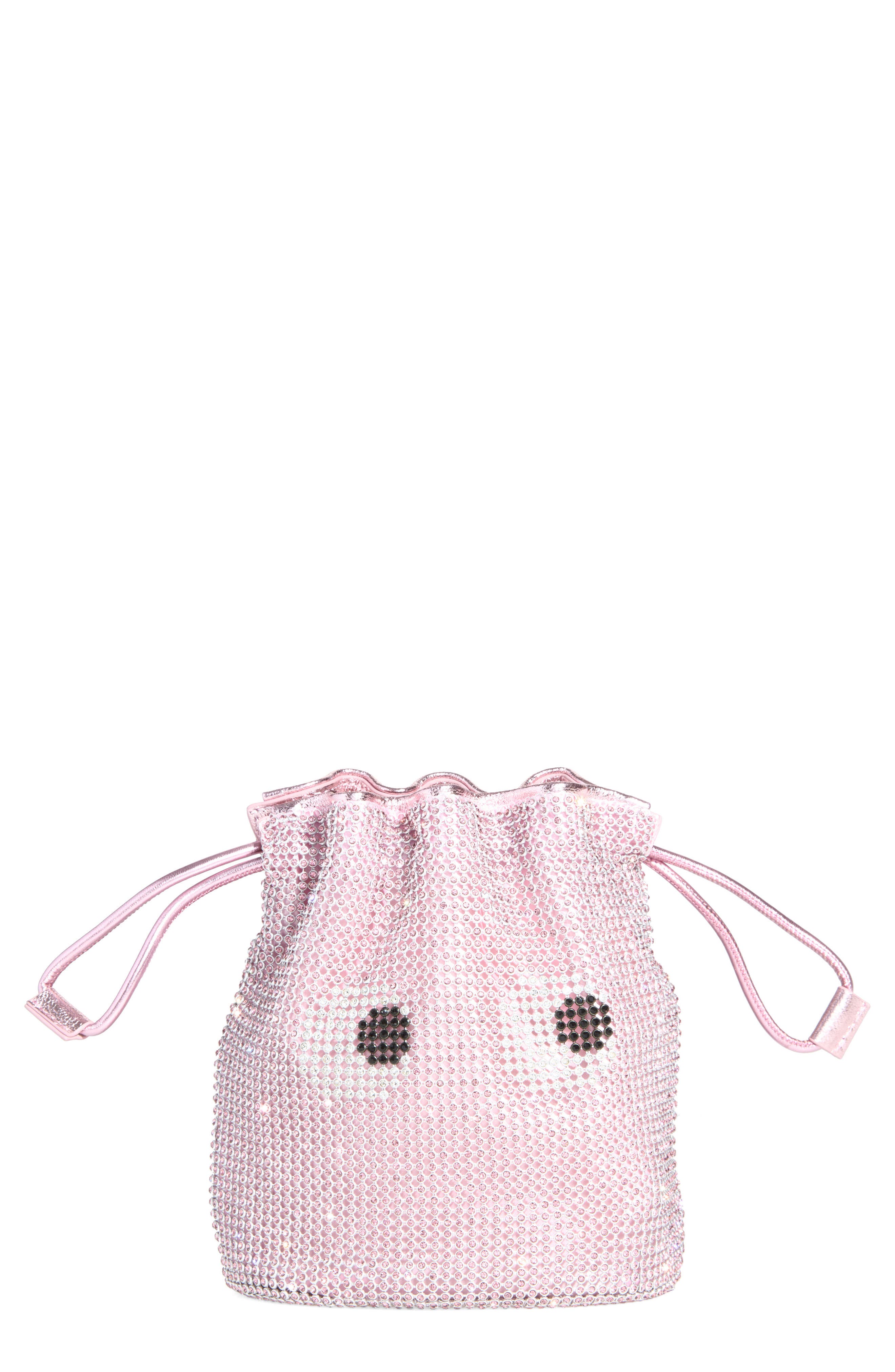 Eyes Crystal Mesh Drawstring Pouch, Main, color, PINK