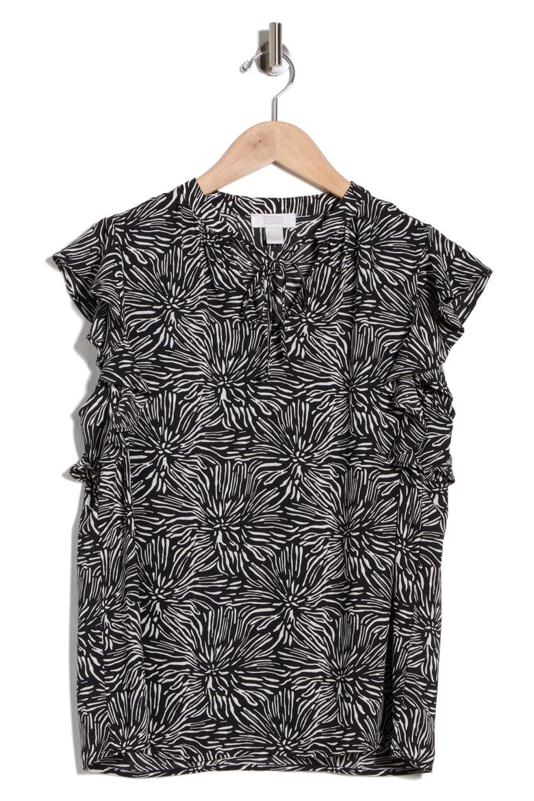 Ruffle Sleeve Tie Neck Top, Alternate, color, BLACK- IVORY COASTAL TEXTURE