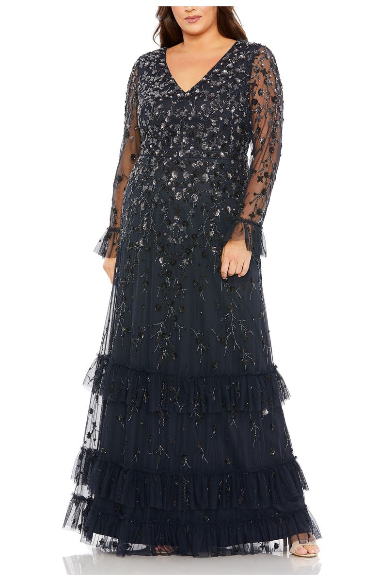 Mac Duggal V-Neck Embellished Long Flutter Sleeve Tired Gown, Main, color, Midnight