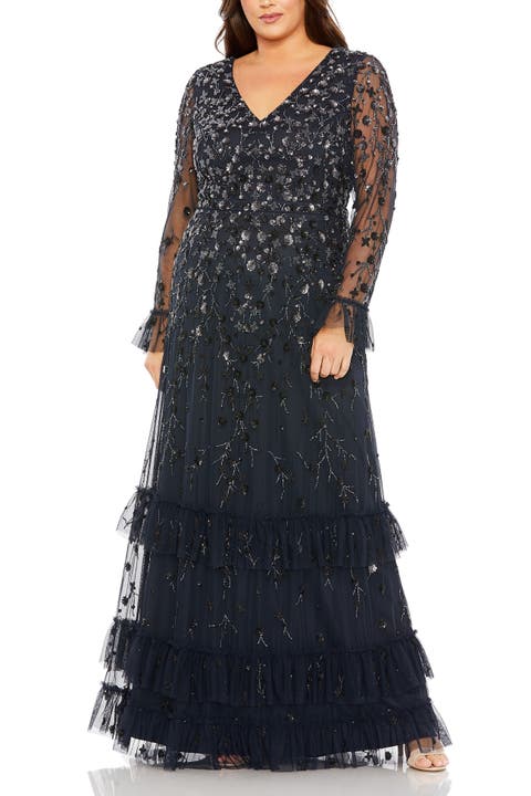 V-Neck Embellished Long Flutter Sleeve Tired Gown