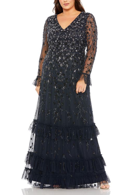 Mac Duggal V- Neck Embellished Long Flutter Sleeve Gown In Midnight