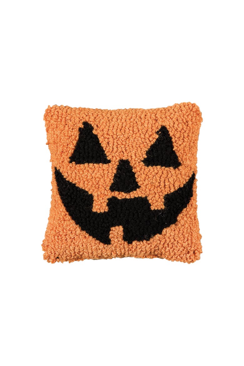Smiling Jack O' Lantern Small Petite Hooked Halloween Accent Pillow 8" x 8", Main, color, Orange