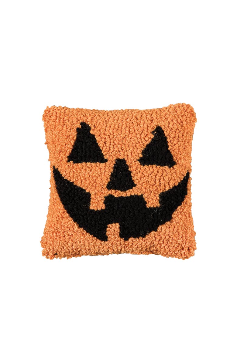 C&F Home Smiling Jack O' Lantern Small Petite Hooked Halloween Accent Pillow 8" x 8", Main, color, Orange