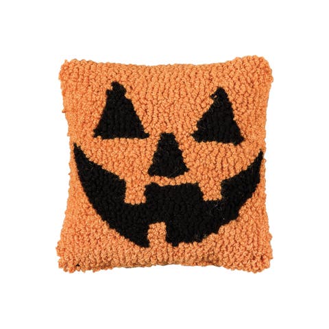 Smiling Jack O
 Lantern Small Petite Hooked Halloween Accent Pillow 8" x 8"