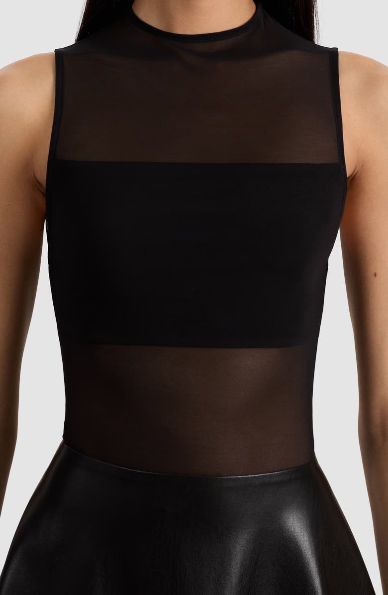 Alice + Olivia Mesh & Faux Leather Minidress, Alternate, color, Black