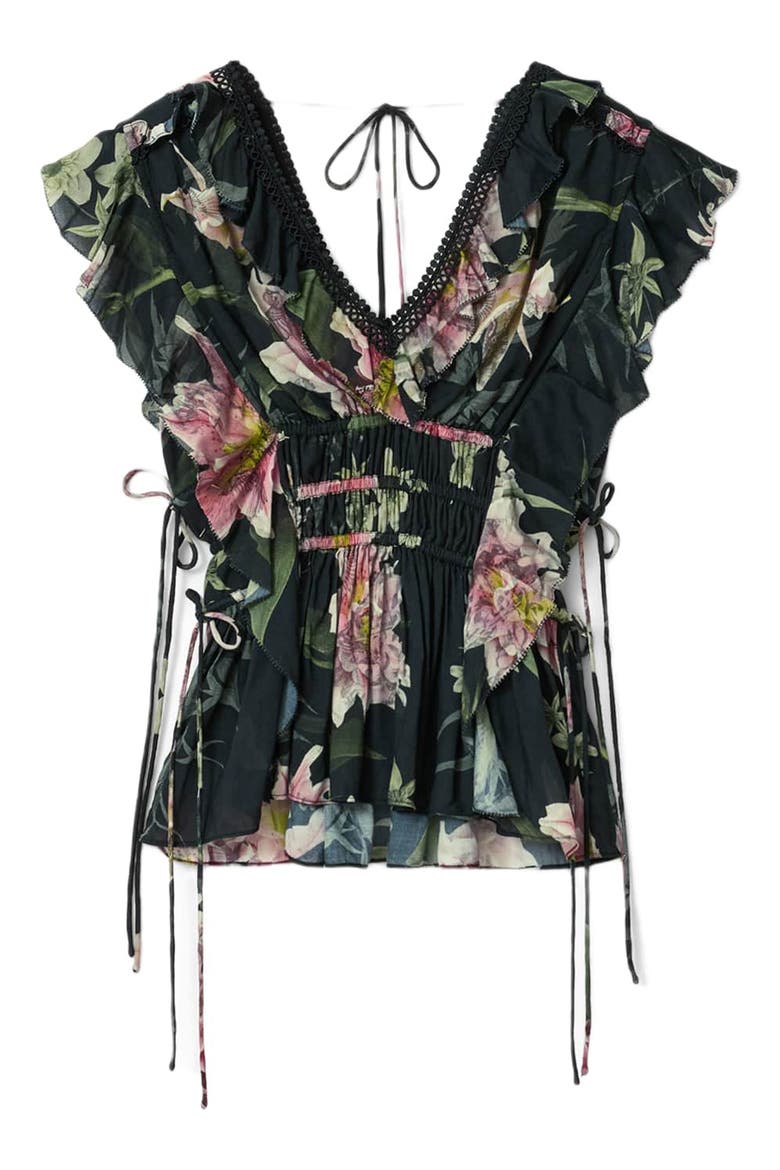 Canto Floral Side Tie Tiered Ruffle Trim Top, Alternate, color, CRYSTAL BLACK