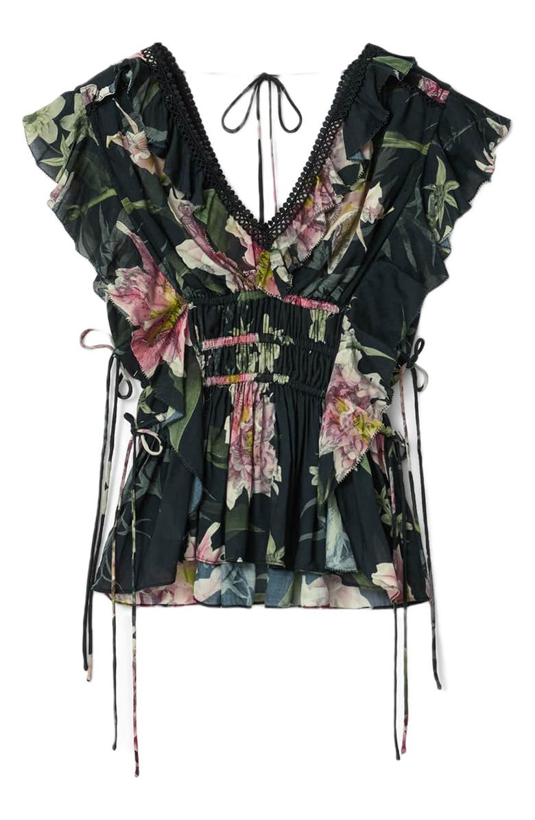 AllSaints Canto Floral Side Tie Tiered Ruffle Trim Top, Alternate, color, Crystal Black