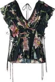 AllSaints Canto Floral Side Tie Tiered Ruffle Trim Top