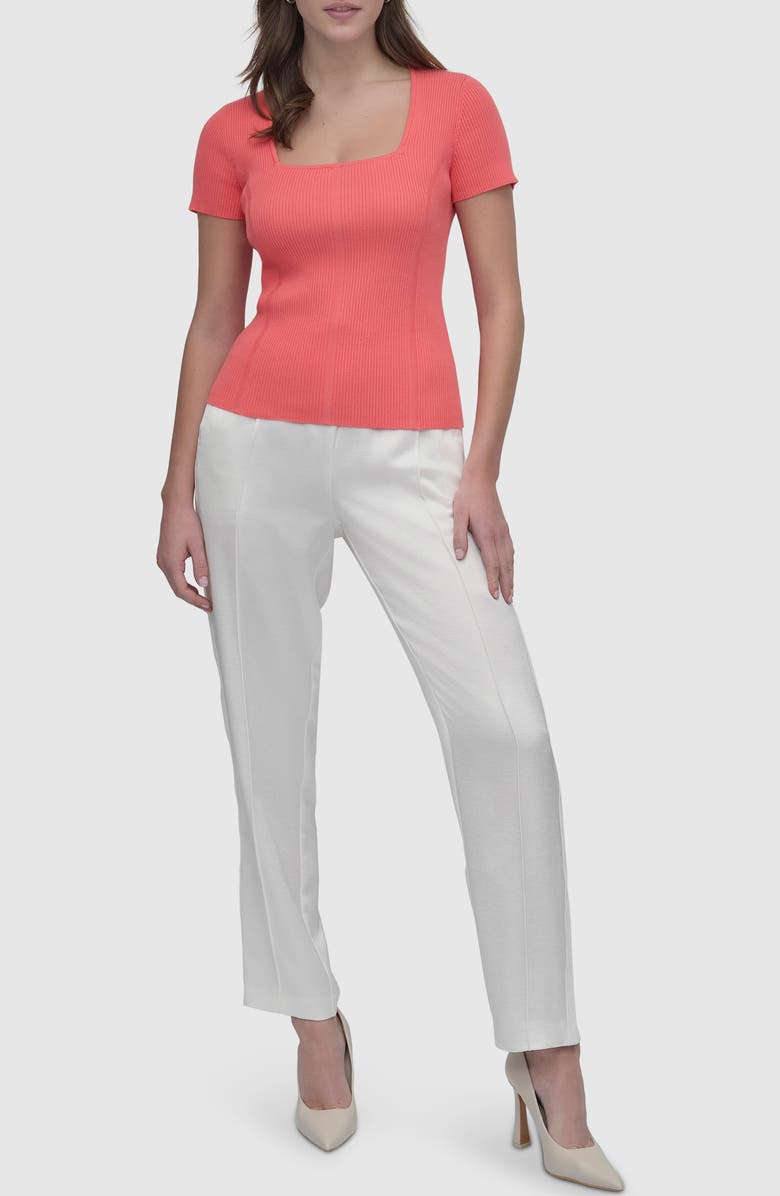 DKNY Square Neck Short Sleeve Cotton Blend Sweater, Alternate, color, Coral Crush