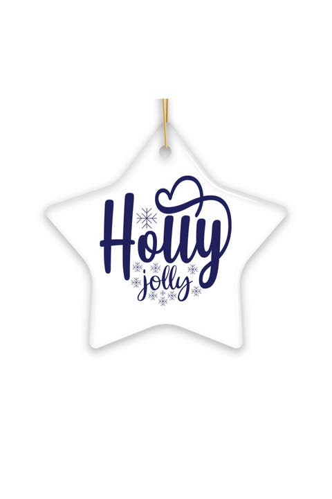 Holly Jolly Snowflake Script Star Ceramic Ornament