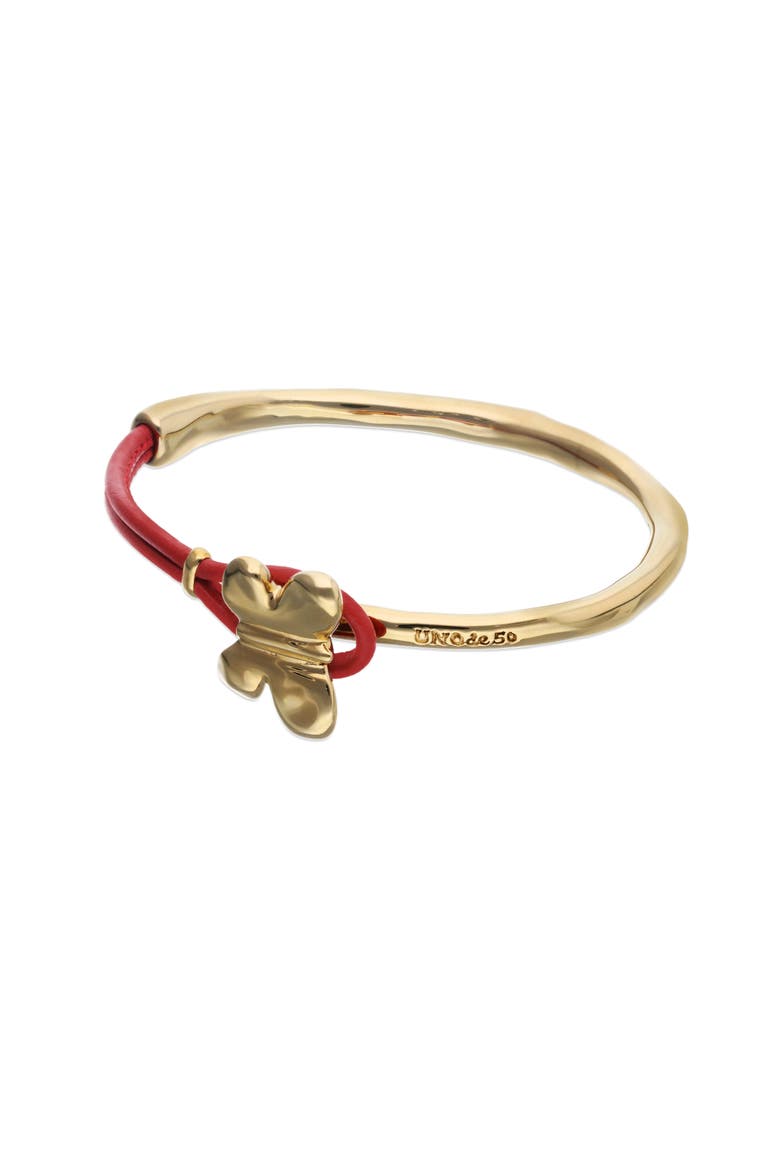 Leather Bracelet with Gold-Tone Butterfly, Alternate, color, Red