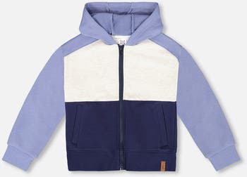 Deux Par Deux French Terry Color Block Full Zip Hoodie Cardigan Sweatshirt  - Navy