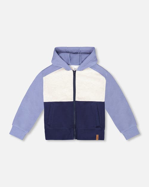 Deux Par Deux Little Boy's French Terry Color Block Full Zip Hoodie Sweatshirt Blue, Navy And Cream In Blue, Navy And Cream