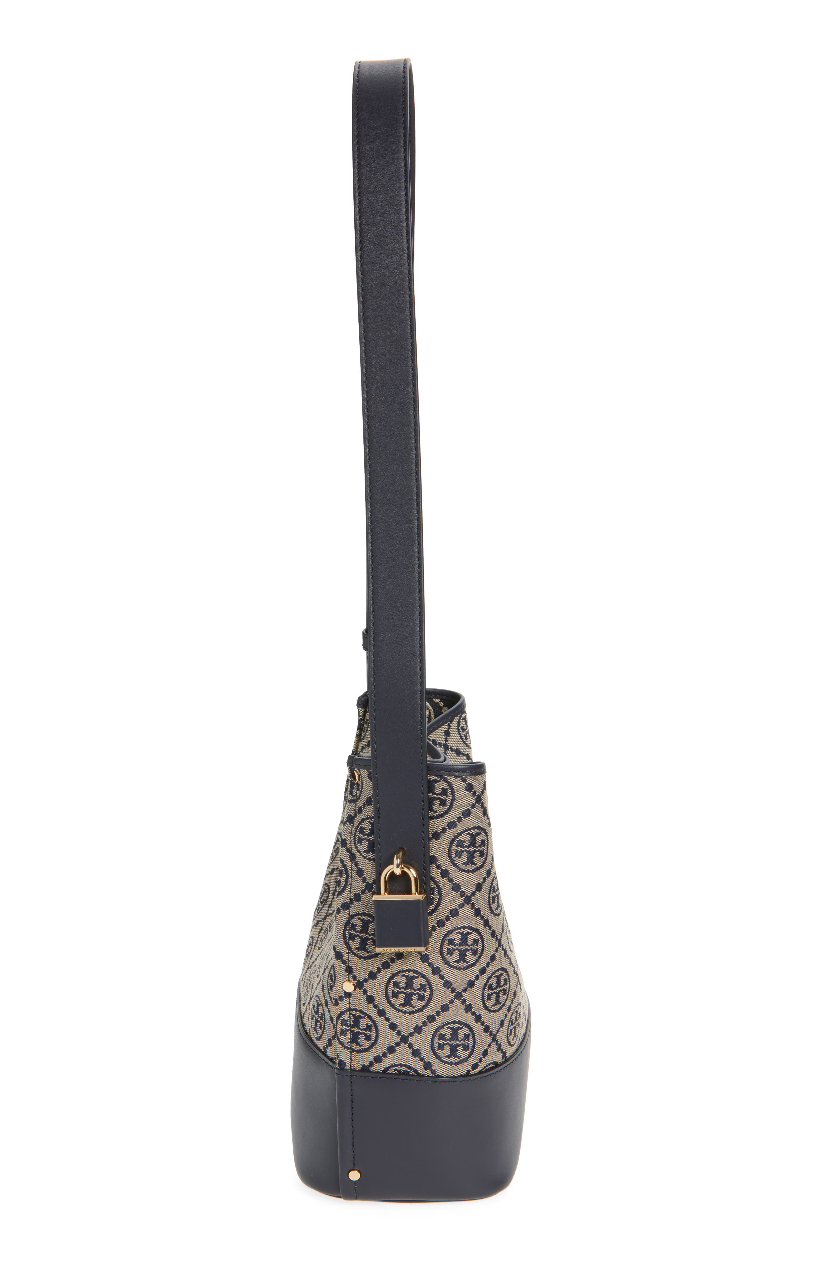 Tory Burch Medium Lock T Monogram Bucket Bag, Alternate, color, Tory Navy