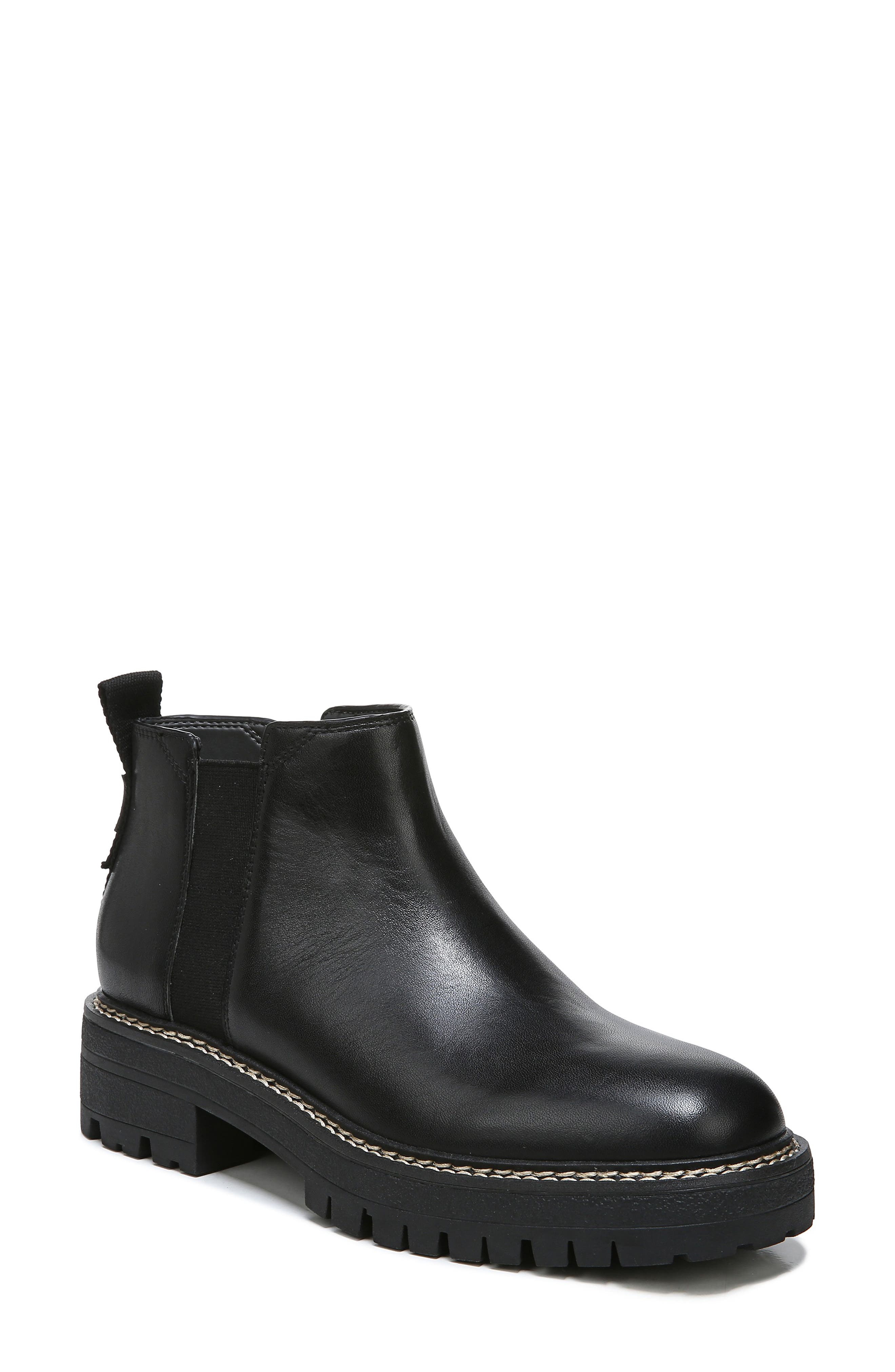 Flora Lug Sole Chelsea Boot, Main, color, BLACK LEATHER