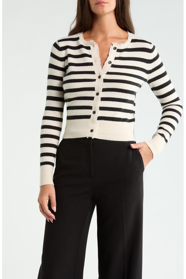Fringe Trim Stripe Cashmere & Organic Cotton Cardigan, Main, color, IVORY/ BLACK STRIPE