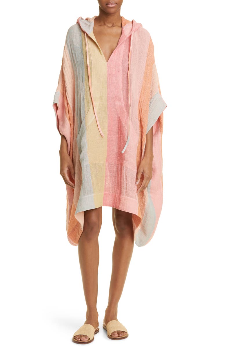 Lisa Marie Fernandez Awning Stripe Linen Blend Hooded Poncho Cover-Up, Main, color,