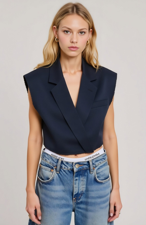 Modenaire Sleeveless Cropped Tailored Collar Raw Edge Hem Blazer Vest In Blue