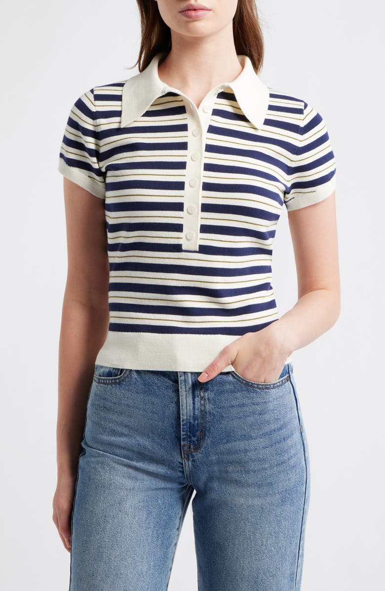 Reformation Bentley Crop Polo Sweater, Main, color, Fior Di Latte Navy M