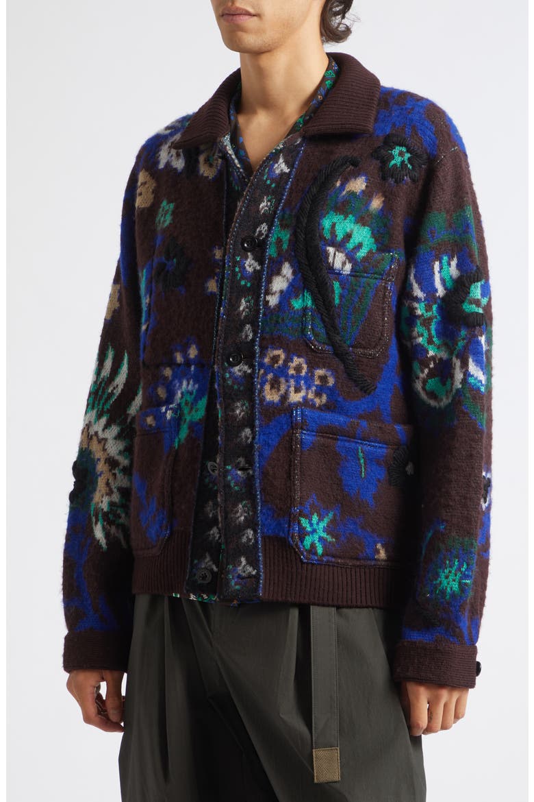 Floral Jacquard Knit Blouson Cardigan Sweater, Alternate, color, BROWN