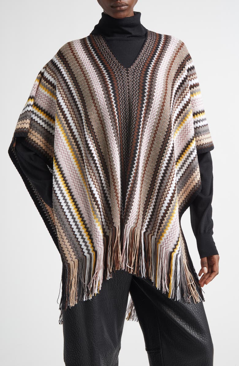 Missoni Zigzag Metallic Wool Blend Fringe Poncho, Main, color, 0001 Brown Multi
