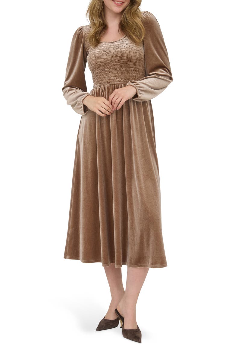 Long Sleeve Smocked Velvet Midi Dress, Main, color, MOCHA