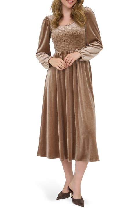 Long Sleeve Smocked Velvet Midi Dress