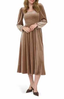 AUGUST SKY Long Sleeve Smocked Velvet Midi Dress