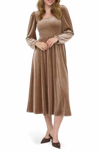 AUGUST SKY Long Sleeve Smocked Velvet Midi Dress