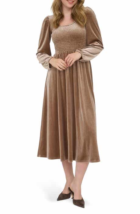 AUGUST SKY Long Sleeve Smocked Velvet Midi Dress