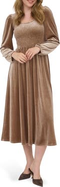 AUGUST SKY Long Sleeve Smocked Velvet Midi Dress