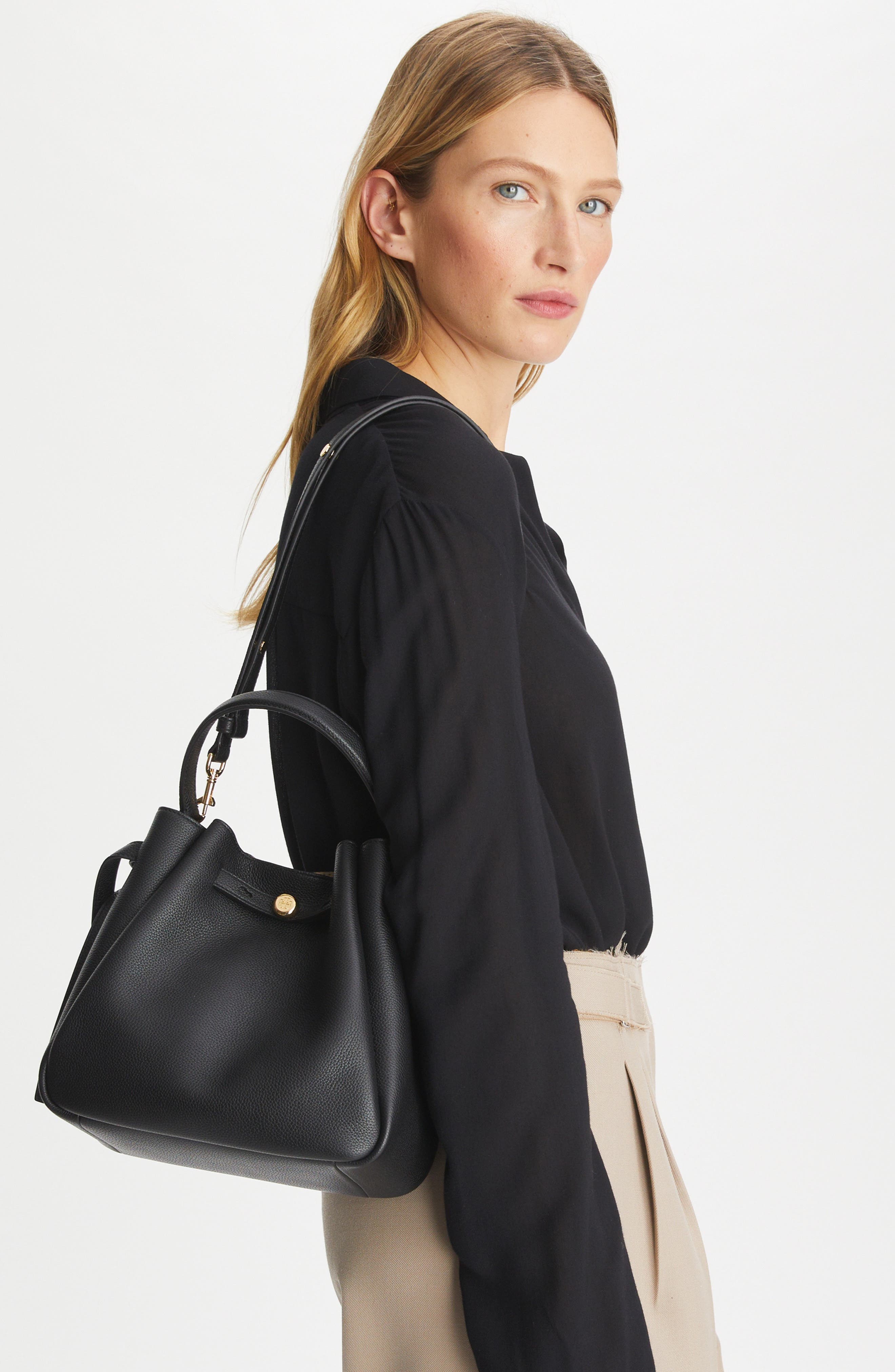 Tory Burch Romy Pebble Leather Bucket Bag, Alternate, color, Black