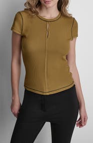 DKNY Contrast Stitch Cutout Detail Rib Top