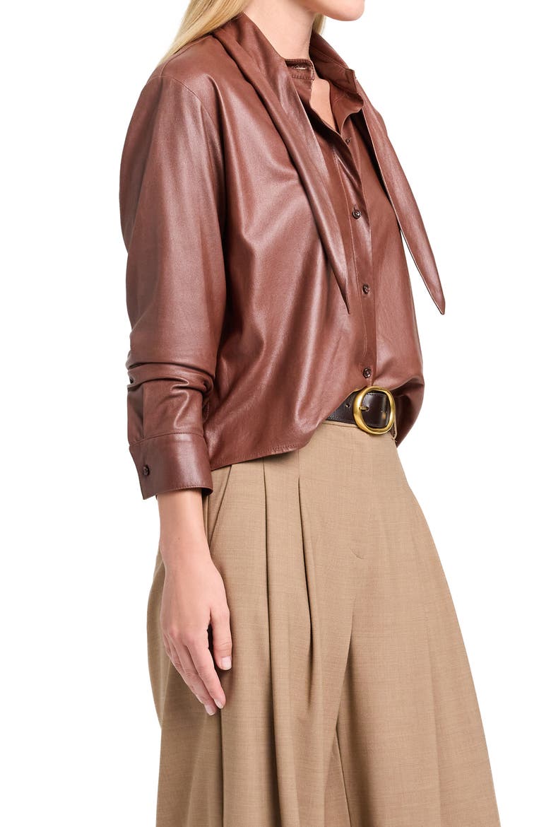 Leather Tie Collar Button-Up Shirt, Alternate, color, CIGAR